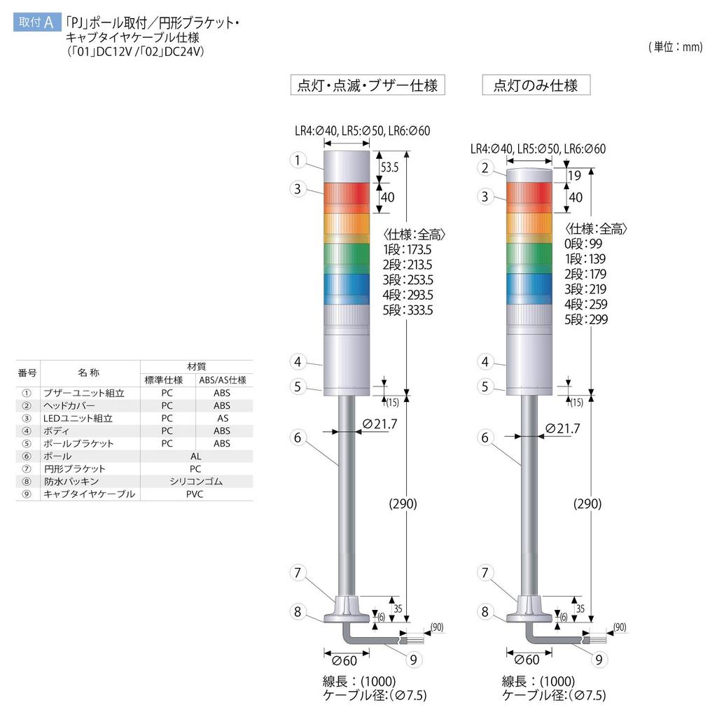PATLITE Stacked Signal Light Signal Tower DC24V Green No Buzzer Pole Mounting Circular Bracket Cab Tire Cable LR4-302PJNW-RYG 40 3-Tier Red, Yellow,