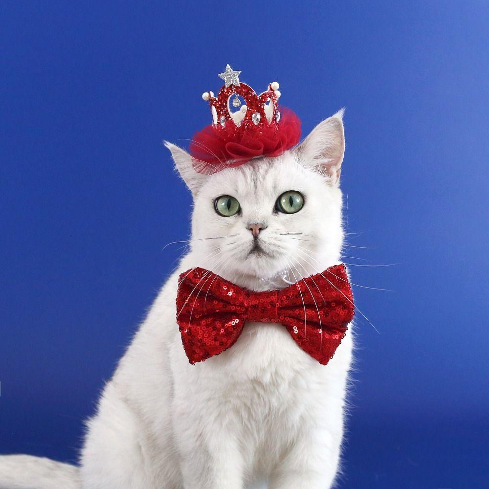2Pcs/Set Creative Pet Sequin Bow Tie Adjustable Pet Crown Collar Pet Headpiece  Pet birthday Costume