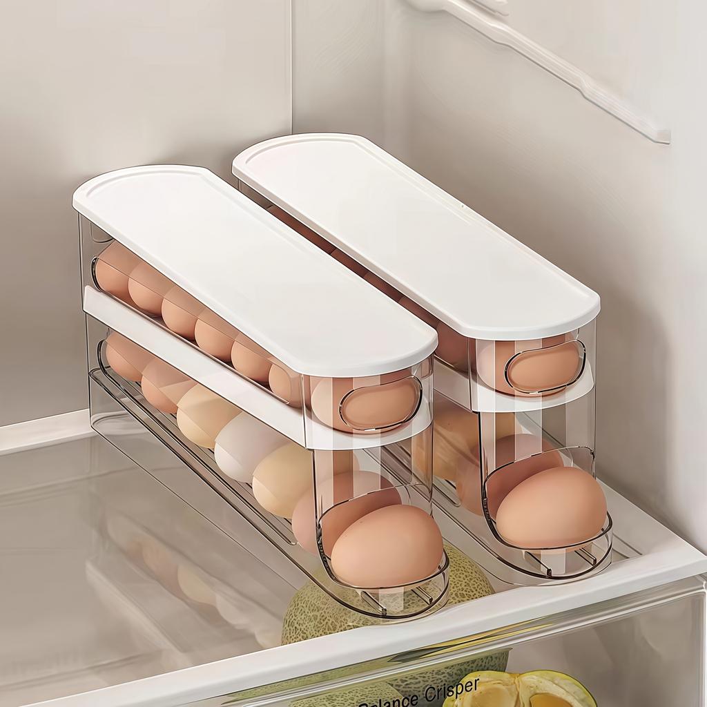 Refrigerator Egg Storage Container with -Feed Slide Dispenser, Saving Egg for Fridge Side Door, Clear Egg Holder Box