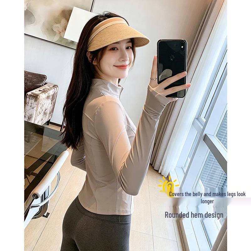 Women's Quick-Dry Long Sleeve Yoga Jacket with Zipper & Stand Collar, Breathable Fitness Outerwear, Slimming Sports Top