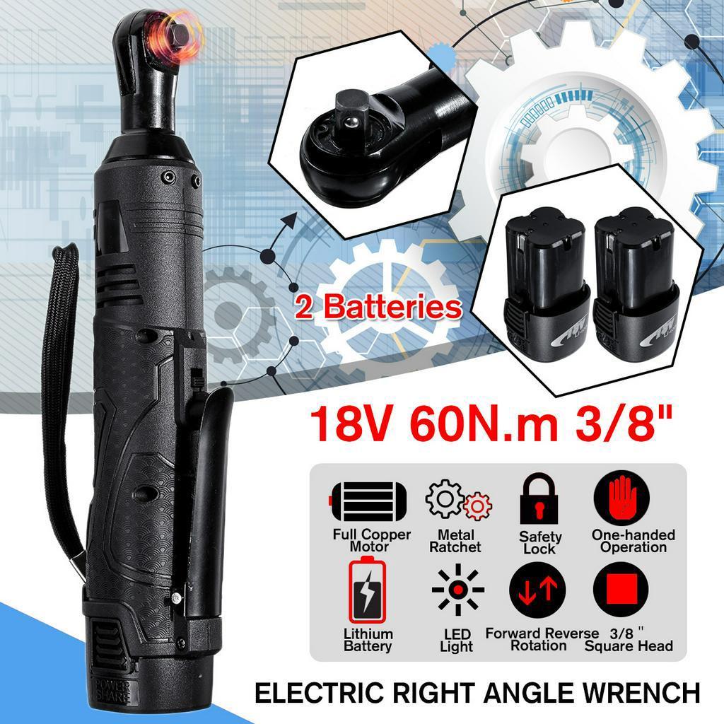 3/8" Rechargeable Cordless Electric Wrench Ratchet 18V with 2 Battery LED Light Right Angle Ratchet  60N.m Torque Power Tool D2 Free Shipping New