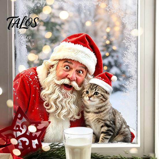 Creative Christmas Gift Ideas Window Static Sticker, Santa Claus And Cute Kitten PVC Holiday Glass Decals Decal, Waterproof Reusable Cling for