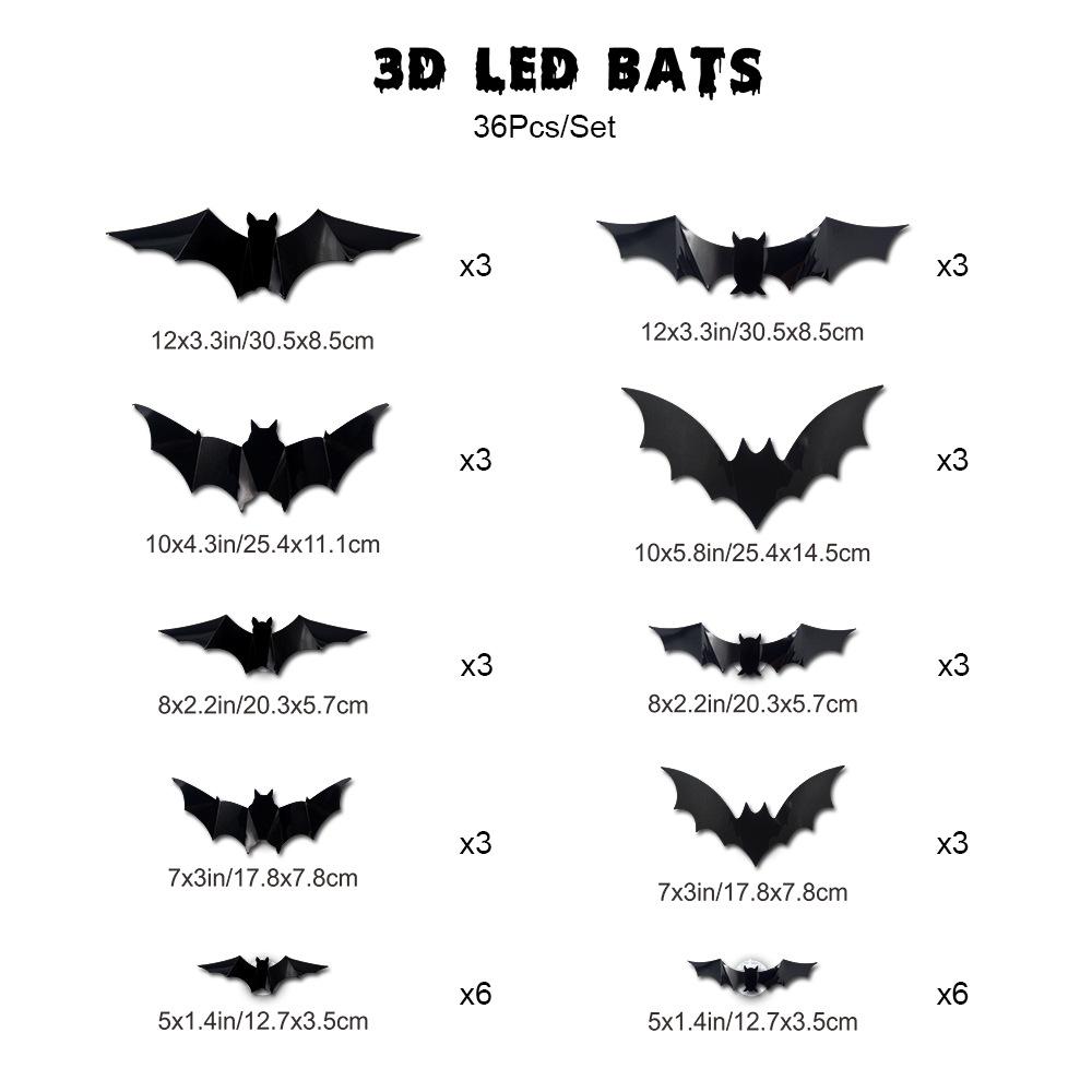 Halloween 3D LED Bat Wall Decals Set (36 Pcs)