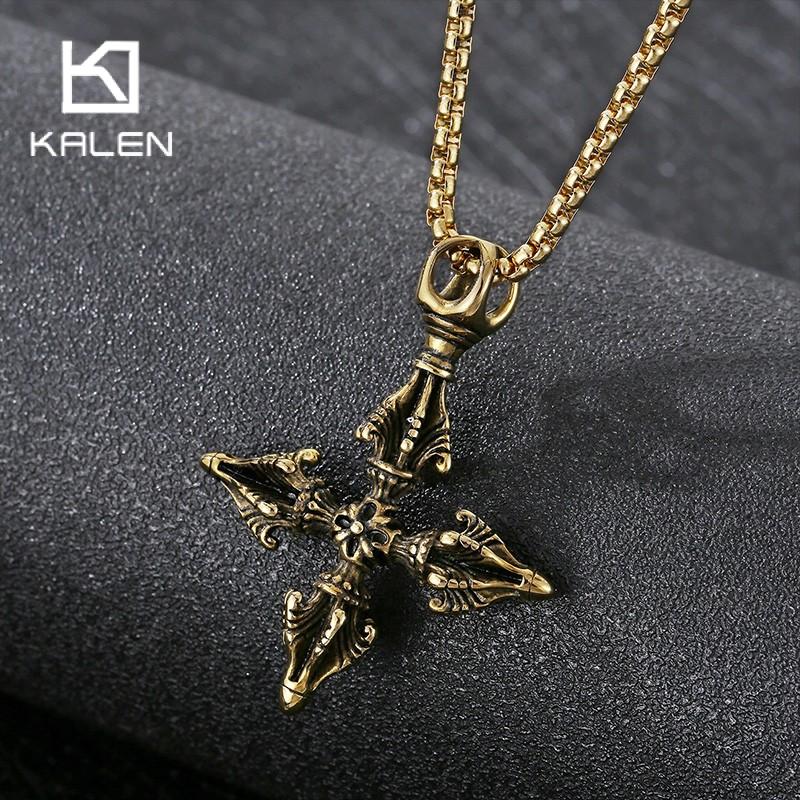 Hip Hop Stainless Steel Crown Cross Pendant Necklace Men's Women's Gothic Demon Subduing Pestle 60cm Necklace Gold Color Jewelry