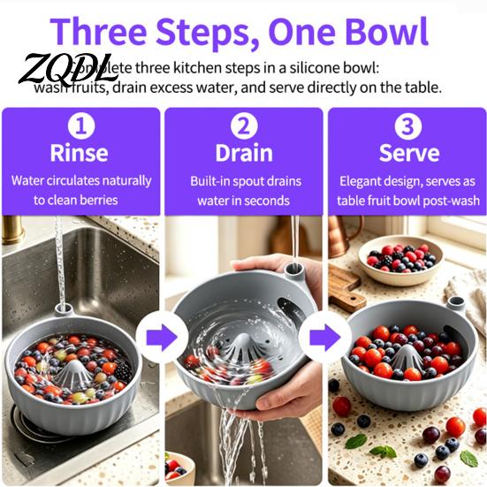 Wash And Drain Gadget Self-Spinning Berry Swirl Bowl, Food-Grade Silicone Vortex Fruit Colander with Built-in Portable Rinse Basin for Cleaning Grapes