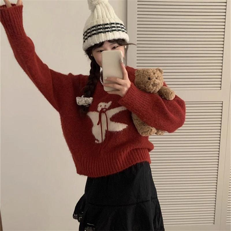 Cartoon Muster Damenpullover Koreanischer Stil Rundhals Schleifchen Dekoration Frau Gestrickte Pullover Herbst Lässig Bequeme Damenbekleidung