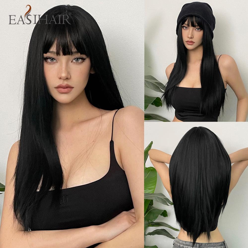 Synthetic Layered Wig Long Rose Gold Straight Wigs with Bangs Blonde Cosplay Party Natural Hair Wigs for Women Heat Resistant