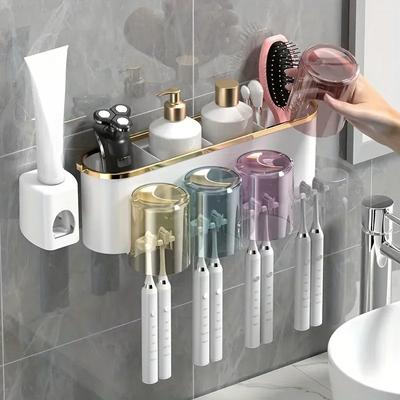 Zahnbürstenhalter mit Presse, perforationsfreies Badezimmerregal, Mundwasserbecher, Zahnbürstenhalter