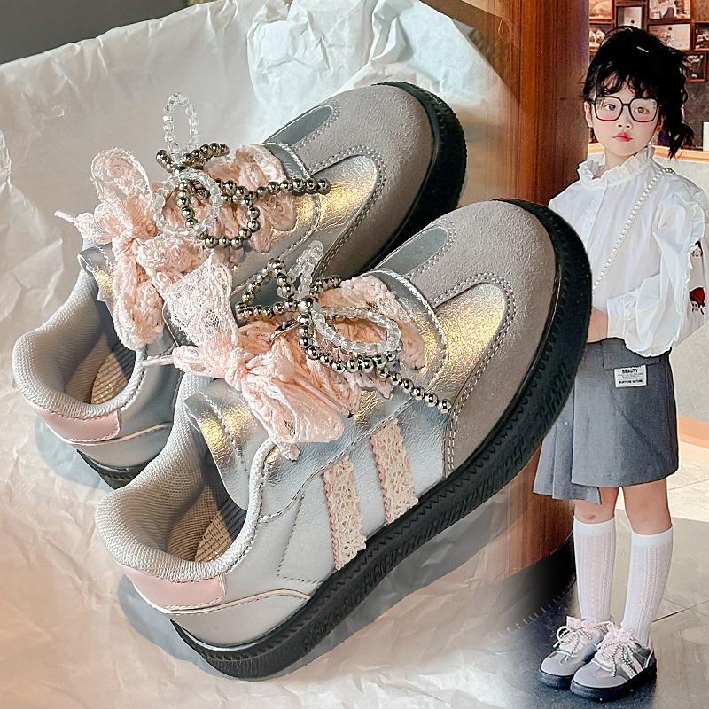 Girls Casual Shoes Mesh Lace Bow Kids Sports Shoes Princess Style Ins Trendy 2025 New Children Running Shoes Fashion Soft Sole