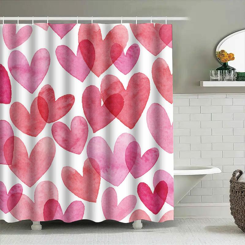 Watercolor Heart Shower Curtain Pink Red White Bath Decor For Valentine'S Day Wedding Home Decoration Waterproof Liner