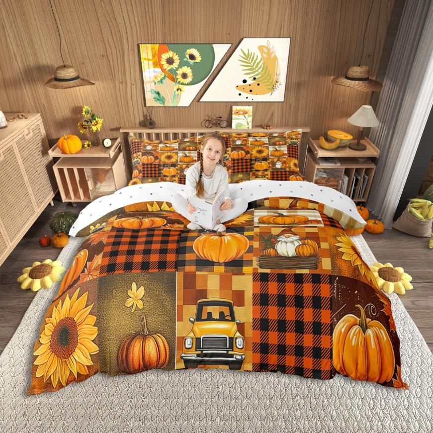 Homewish Fall Pumpkin Duvet Cover SetAutumn Theme Bedding SetOrange Truck Bed Set For AdultsBreathable Home Decor