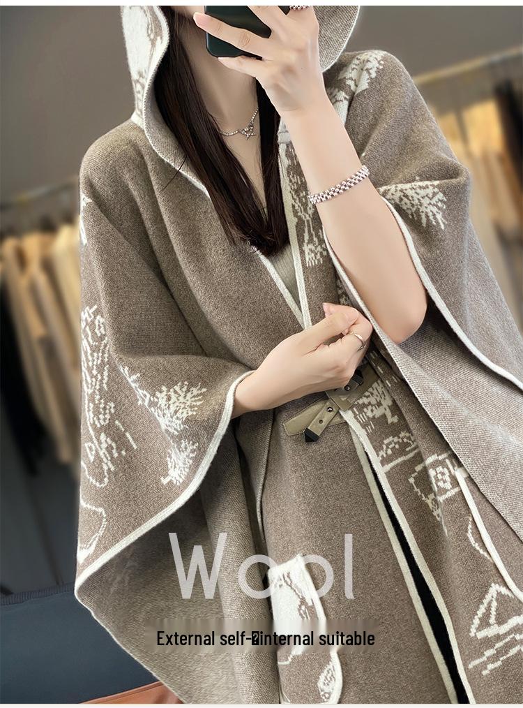 Women's Retro Wool Jacquard Hooded Cardigan Cape Shawl