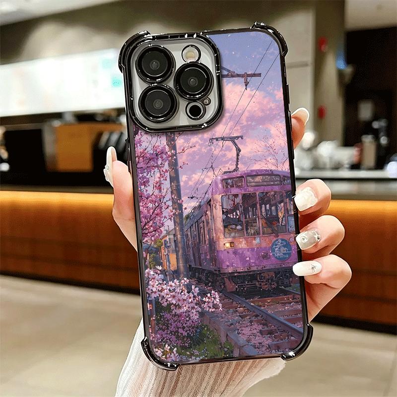 Retro Japanese Sakura Train Soft Phone Case For iPhone 15 16 17 Air 14 Pro Max 16E Plus 13 12 Mini Plating Anti-Fall Fundas