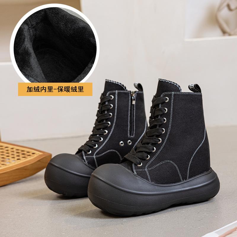 Fashion New Spring/Autumn Women's Platform Sneakers - Chunky Lace-Up Canvas Shoes with Hidden Height & Side Zipper, Street Style