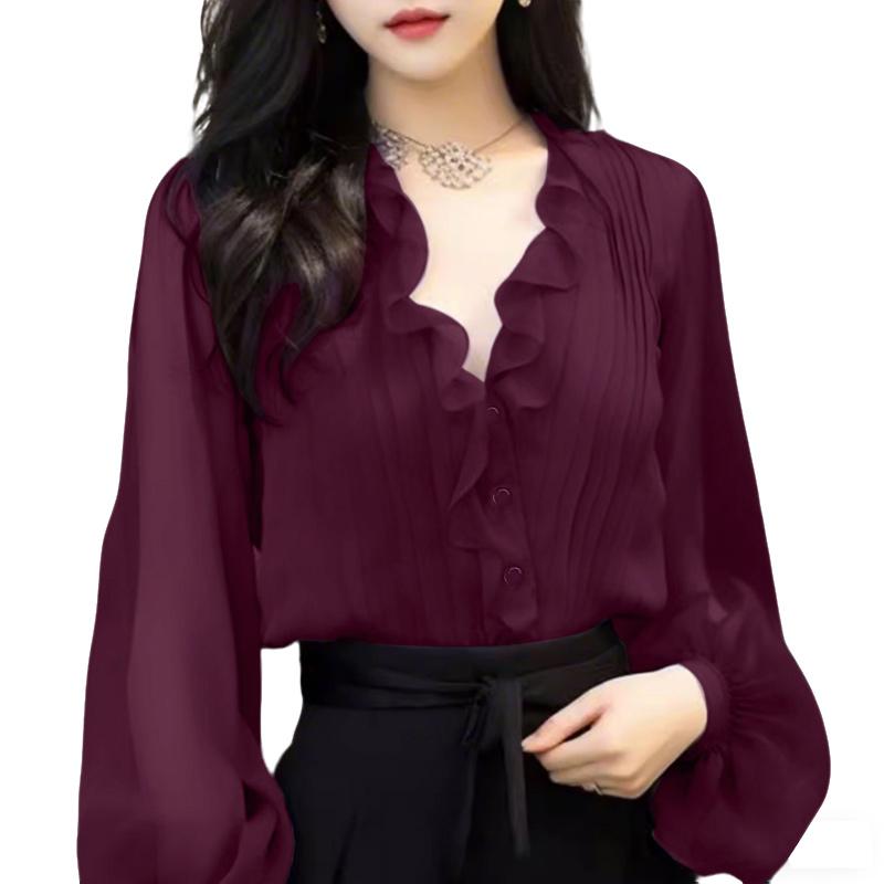 ZANZEA Blouse ample décontractée à manches longues et col en V à volants pour femmes