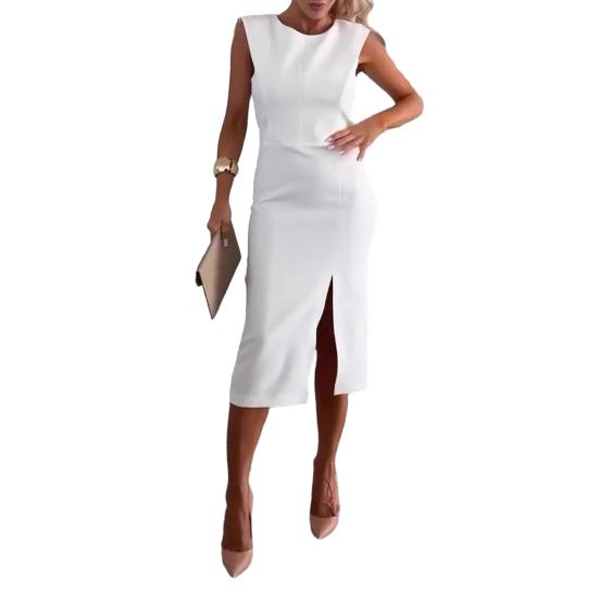 Women Dress Round Neck Sleeveless Slim Fit Summer Dress with Slit Design Solid Color