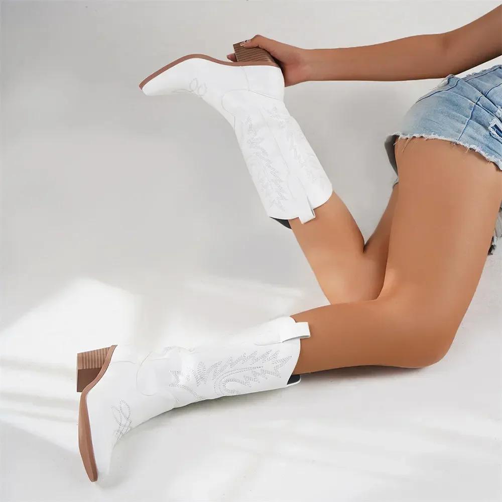 Fashion Large Size Long Boots for Women 2025  New High Boots  High Heels White Western Cowboy Knight Boots