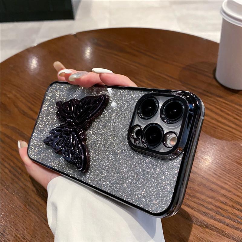 Sparkly Phone Case for iPhone 17 16 15 Pro Max with Butterfly Stand Gradient Full Cover Glitter Case
