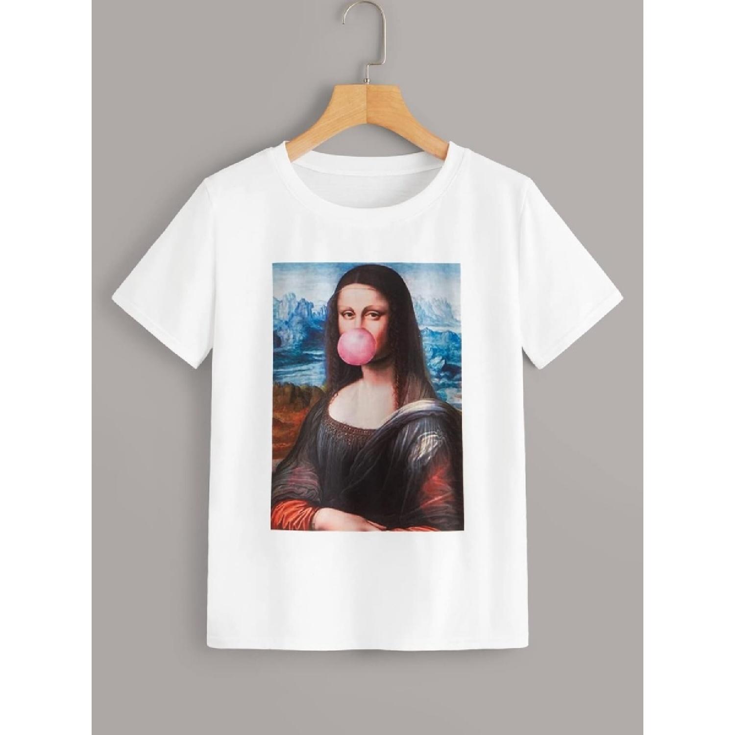 AMSOMO Women s T-Shirt Bubblegum Mona Lisa Graphic Tee T-Shirt for Women (Color _ White, Size _ X-Small) S