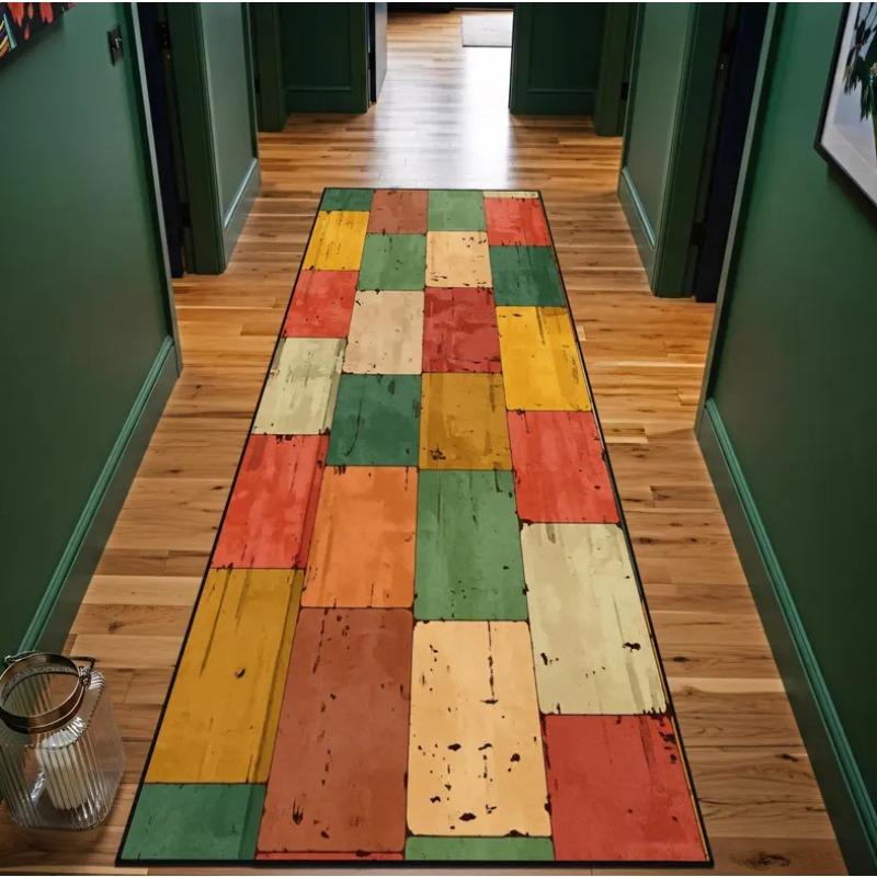 Colorful Wood Plank Pattern Runner Rug Vintage Patchwork Geometric Design Mat Non-Slip Home Decor Carpet for Kitchen Living Room