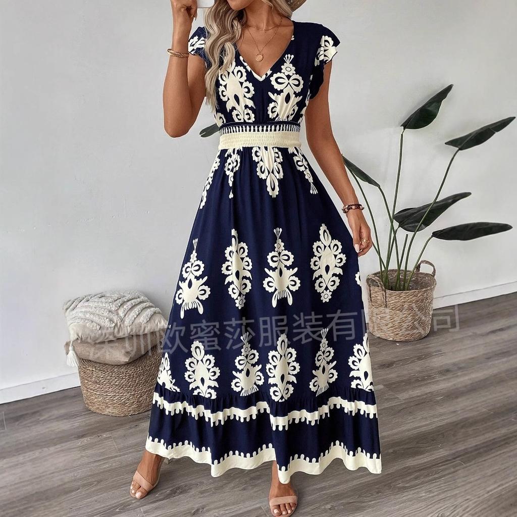 Women's V Neck Short Sleeve Elastic Waist Floral Print Ruffle Hem Maxi Dress Boho Beach Vacation Casual Flowy Sundress