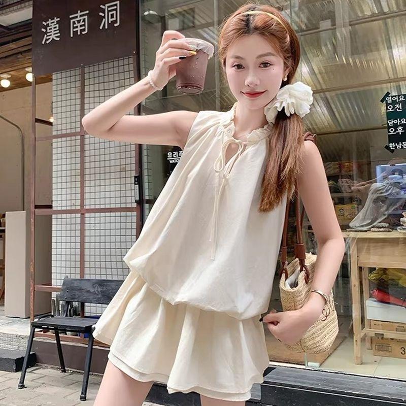 French Korean lace-up vest sleeveless dress women's summer new small bud short skirt set