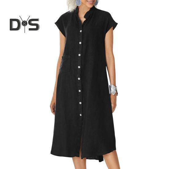 

Летнее платье миди с воротником-стойкой, застежкой на пуговицы, коротким рукавом, свободным платьем длиной до икры, однотонное повседневное платье с карманом M чёрный