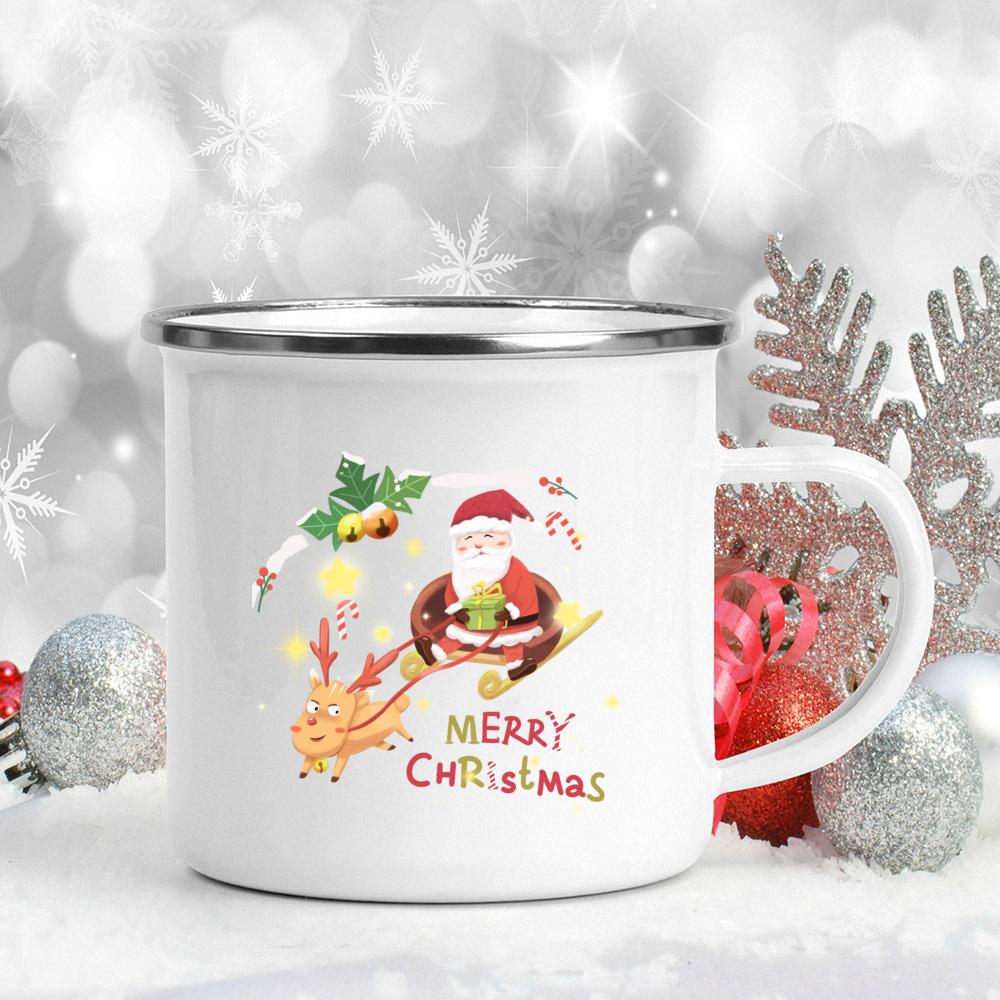

С Рождеством эмалированная кофейная чашка с принтом, креативная кружка для напитков, десертные чашки для горячего какао, молока, кружки для торта с ручкой, посуда для напитков, рождественские подарки