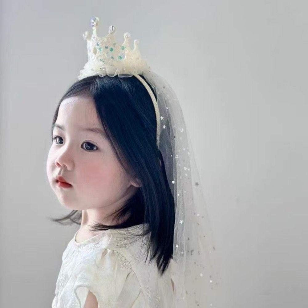 Sparkly Princess Crown Veil Headband Tulle Pink White Sequin Birthday Party Headwear Hair Accessories Glitter Dress Up Headbands