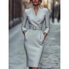 Spring Autumn Stand Collar Elegant Fashion Belt Bodycon Evening Dress Women Long Sleeve Waist Robe Vestidos
