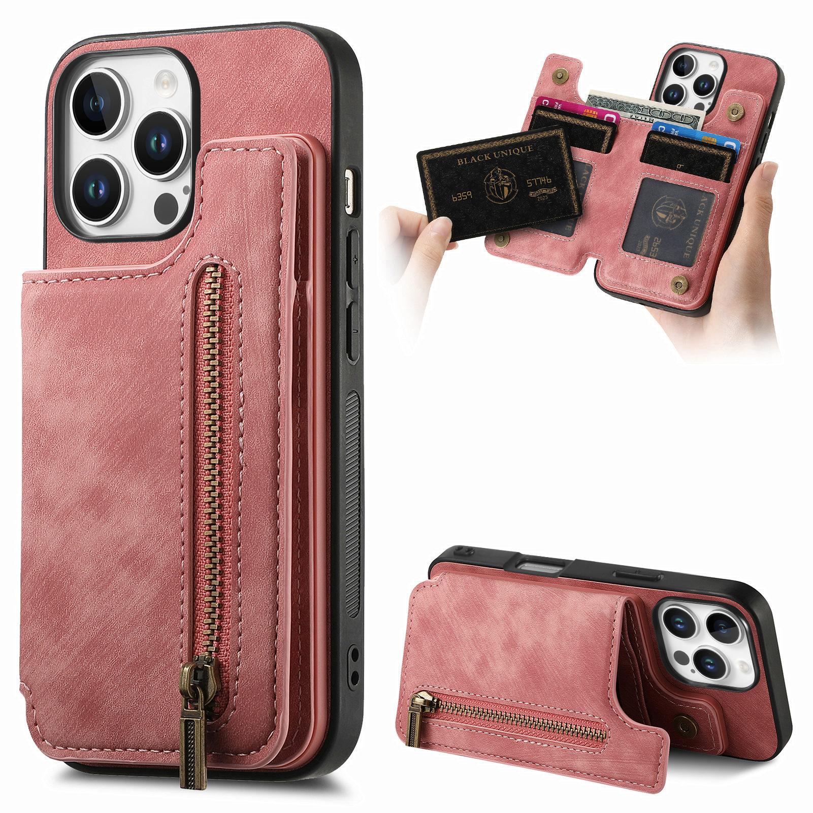 

For iPhone 16 Pro Max Case with Zipper Card Holder Leather+TPU Phone Cover Pink