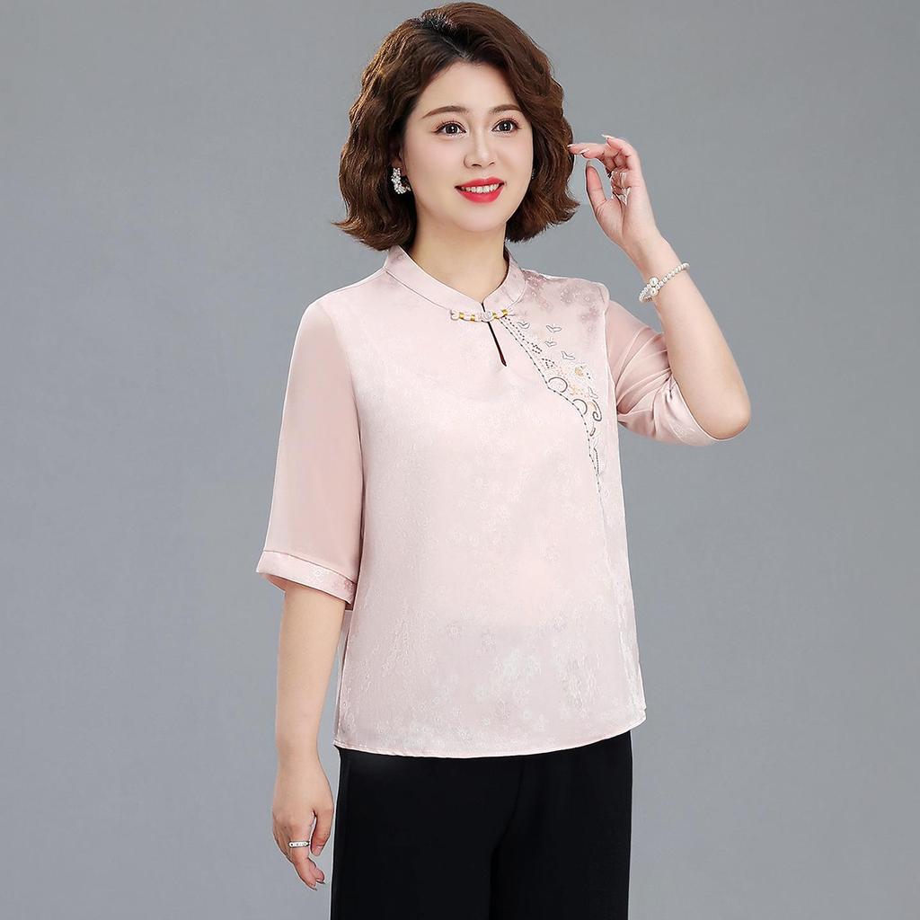 Spring & Summer Chinese Style Embroidered Chiffon Blouse for 50-Year-Old Women with Seven-Point Sleeves