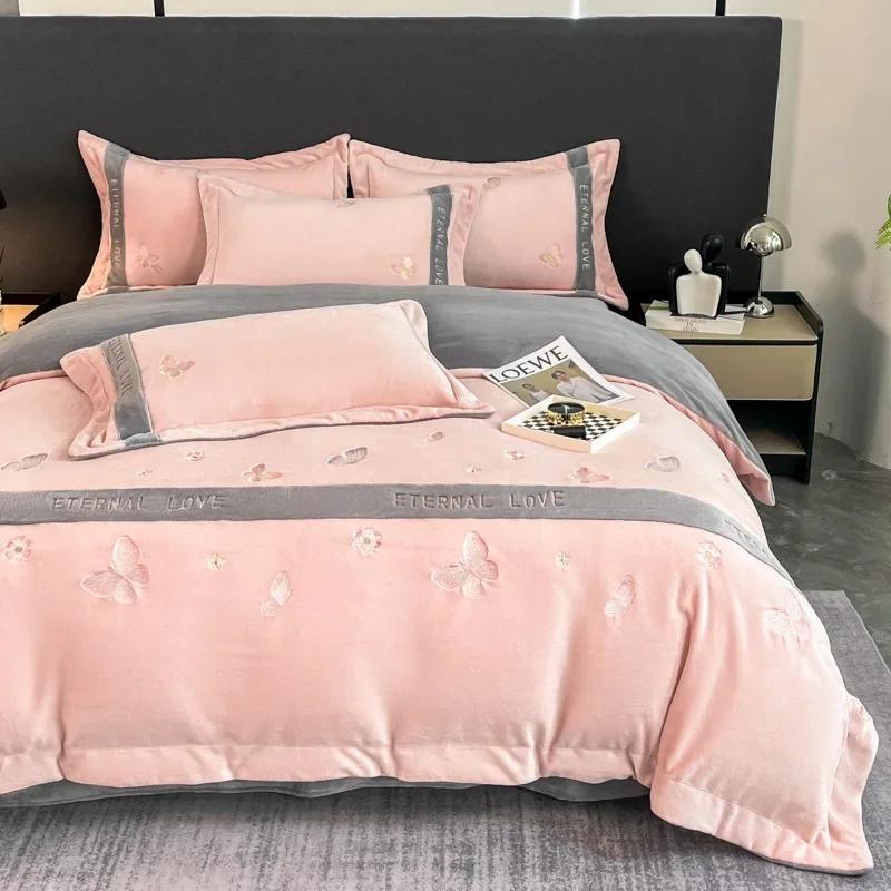 

Комплект из четырех предметов из молочного флиса класса люкс 2025 года, зимнее высокограммовое вышитое утолщенное теплое высококачественное постельное белье 1.8m sheet 4pcs