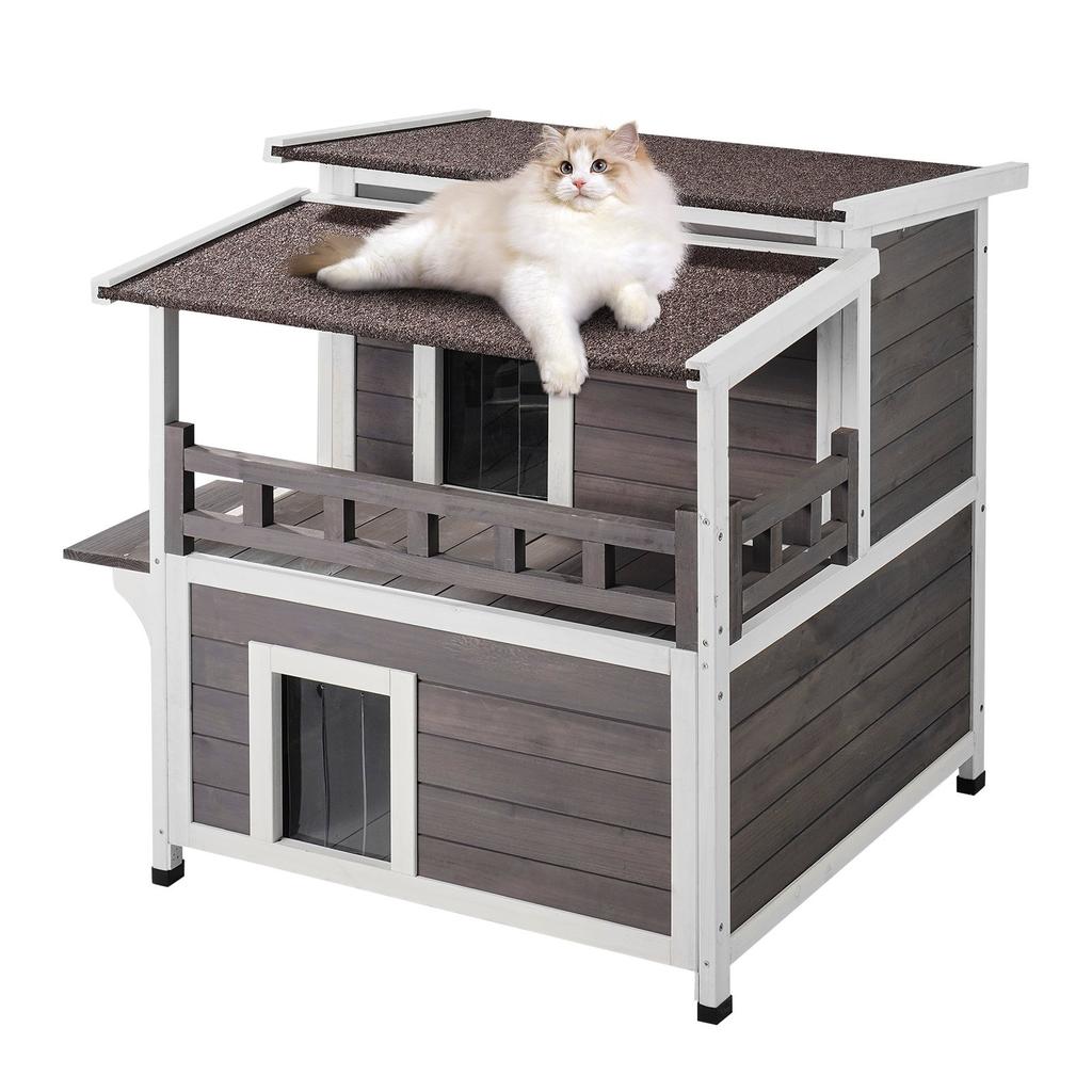 VEVOR Outdoor Cat House Weatherproof, Feral Cat Shelter for Multiple Cats, 2-story Large Outdoor Wooden Cat House with Balcony, Doors
