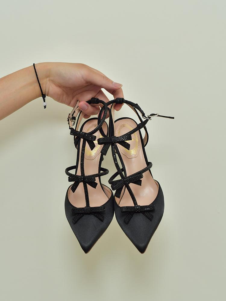 Fashion Fairy-Style Silk Satin Rhinestone Bow Tie Toe Sandals, Pointed Toe Stiletto High Heels, Women'S Shoes