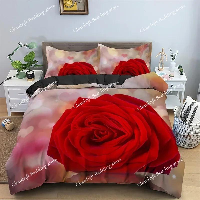 Floral Duvet Cover Set Full Size 3D Red Rose Bedding Set Microfiber Romantic Flowers Quilt Cover Wedding Valentine's Day Decor