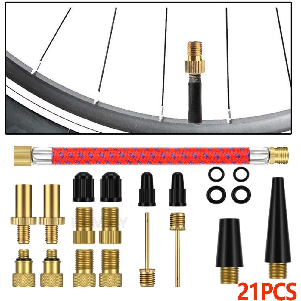 21 Pcs Copper Bicycle Valve Adapter Set SV/AV/DV Pump Adapters Air Hose Adapter for Road Bike Inflator Pump Accessory Kit