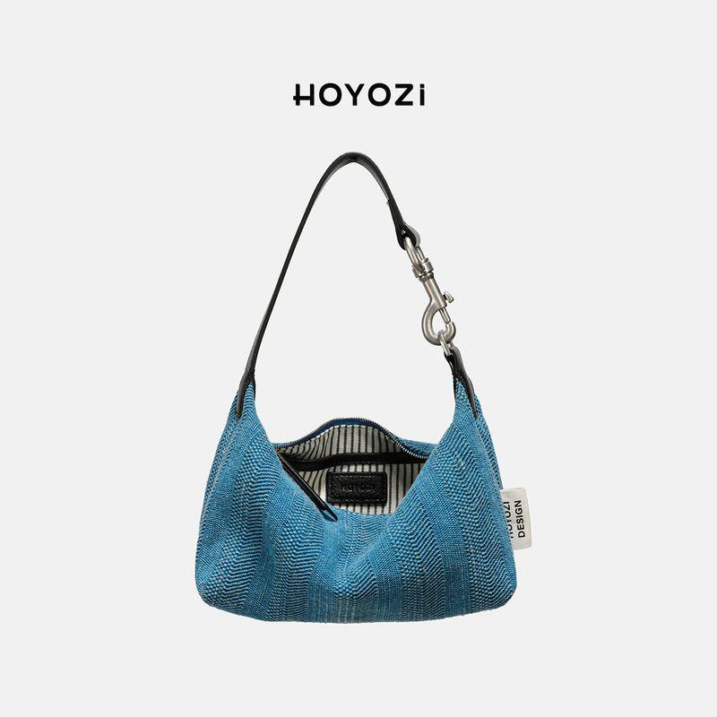 

[Xiaoyoujia Bag] Hoyozi Real Leather Canvas Underarm Dumpling Bag Women s 2025 New Arrival Shoulder Crossbody Blue [new]]