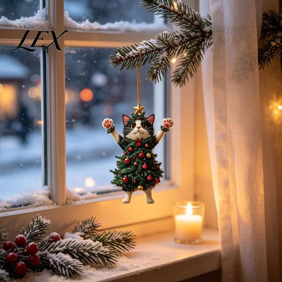 Party Favors for Christmas 2Pcs Cat Acrylic Ornament, 2D Flat Kitty Hanging Pendant with Holiday Supplies Santa Hat Tree Decor, Car Rearview