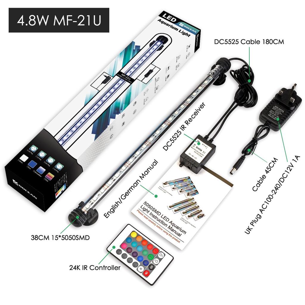 UK Plug 18-48CM RGB Remote Control Aquarium Fish Tank Light Submersible ...
