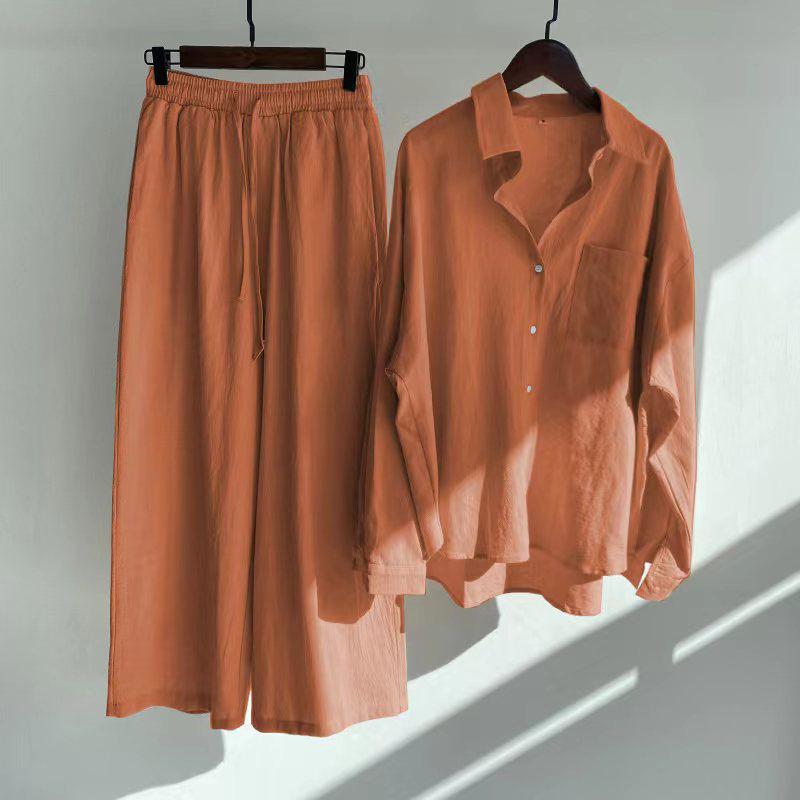 Women's Retro Plus Size Cotton Linen 2-Piece Set: High Waist Shirt & Wide Leg Pants