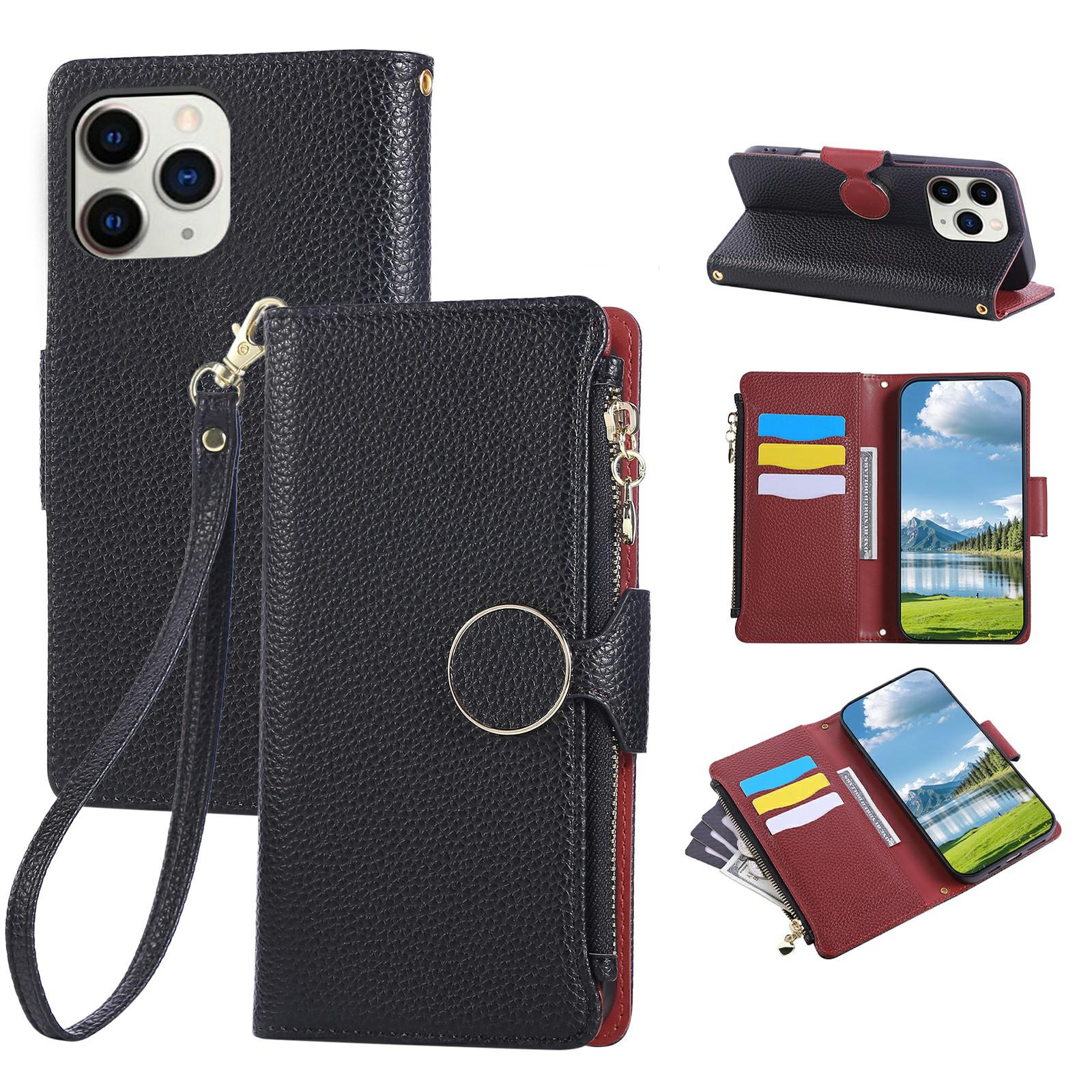 

For iPhone 15 Pro Case Zipper Wallet Leather Phone Cover with Wrist Strap Black