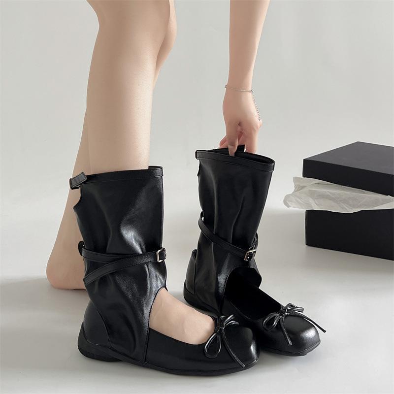 Popular black high-end platform boots women's 2025 new summer skirt versatile ballet style heightening short boots