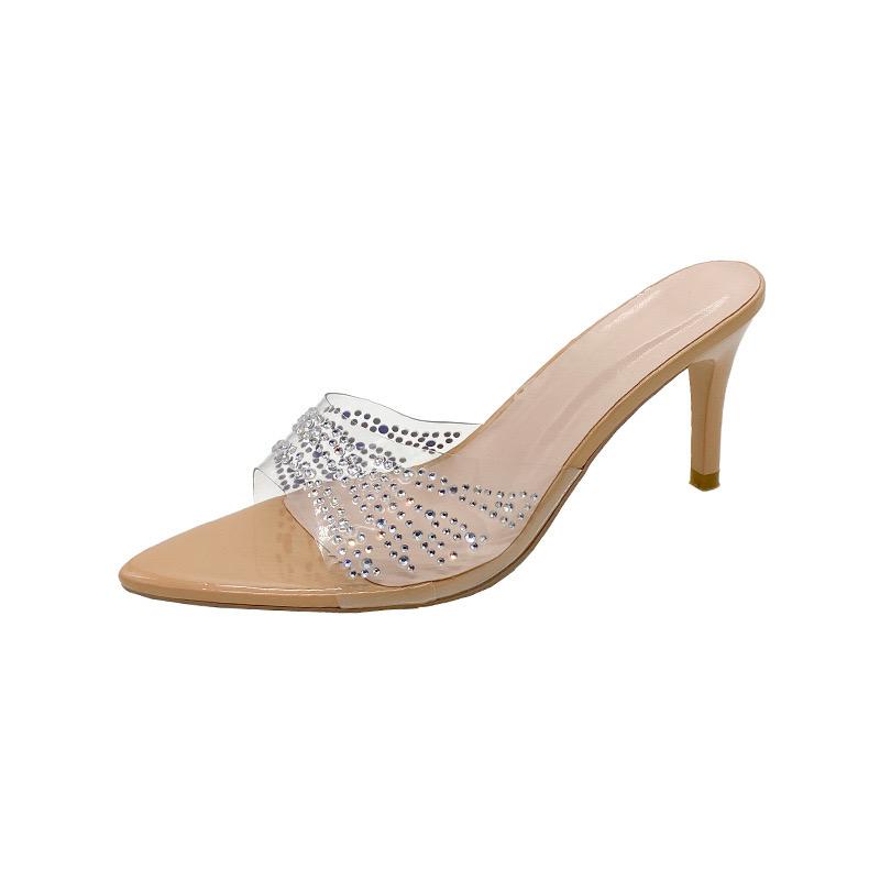 Summer Women's High Heels Sexy Pointed High Heeled Slippers Luxury Leather High Heels Slippers for Women Open-toed Mules Slides