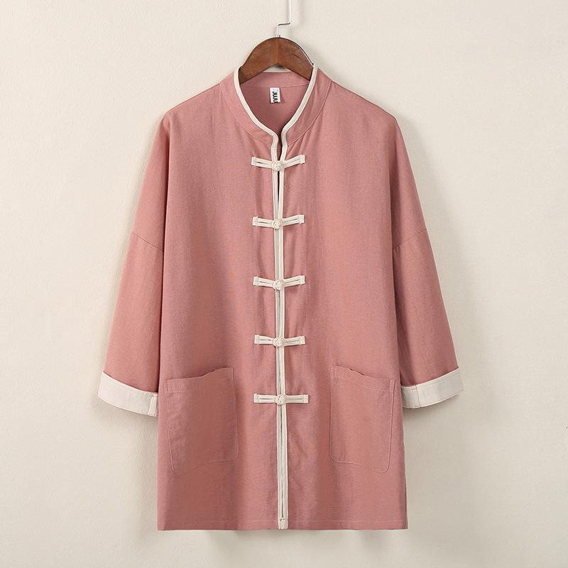 

Китайская традиционная рубашка весна-лето мужская повседневная тонкая танская винтажная куртка M розовый