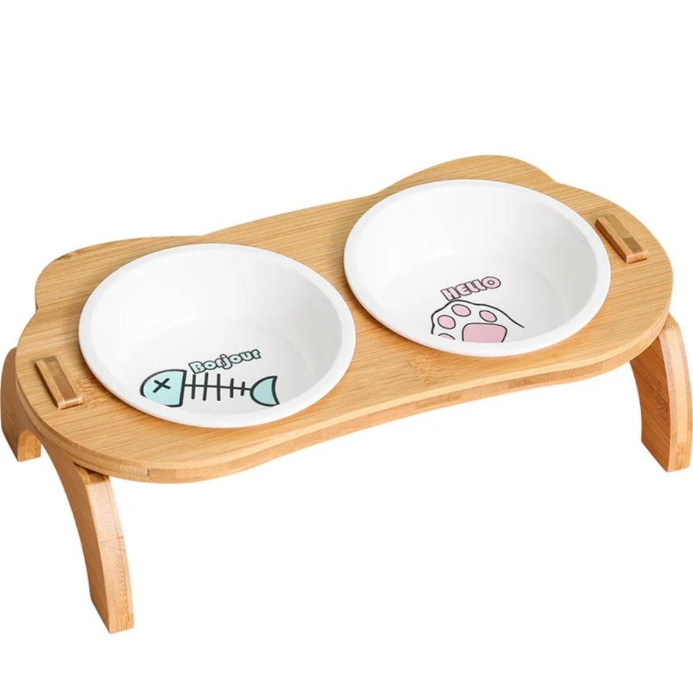 Wooden Ceramic Pet Bowl Cat and Dog Supplies Single Double Bowl with Oblique Mouth High Foot Leak Proof Pet Food Bowl and Feeder