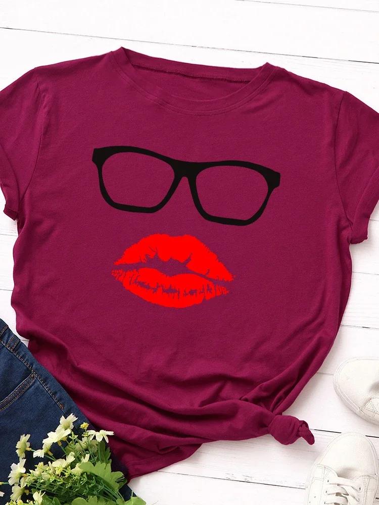 Glasses Red Lip Print Women T Shirt Short Sleeve O Neck Loose Women Tshirt Ladies Tee Shirt Tops Clothes Camisetas Mujer