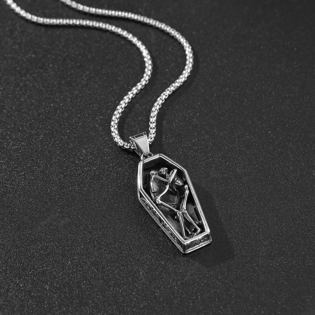 Vintage Skeleton Coffin Pendant Necklace with Thick O-Ring Chain, 304 Stainless Steel