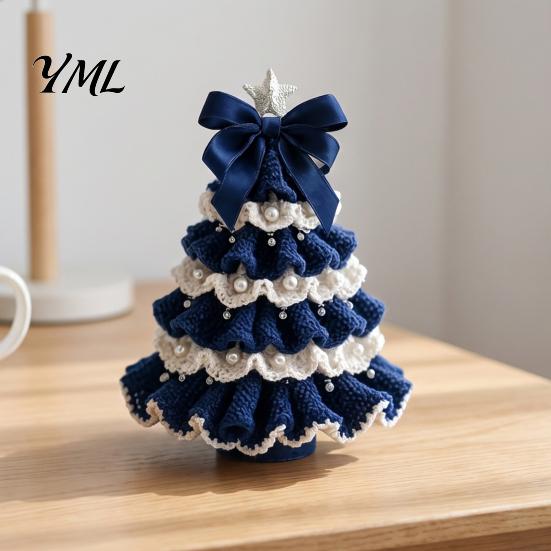 DIY Wool Yarn Craft Set Crochet Christmas Tree Kit, Beginner-Friendly Xmas Kit with Bow Soft Fluffy Handcraft And Faux Pearl Embellishment,