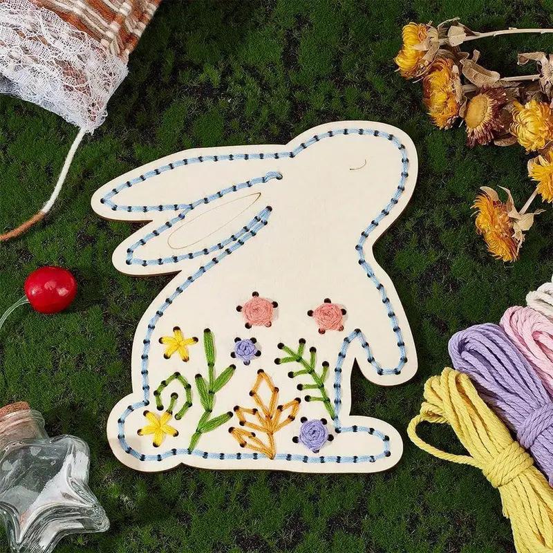 Bunny Shape Cross Stitch Kit Wooden Ornaments Easter Hanging Decor Craft for Home Decor DIY Easter Craft Supplies